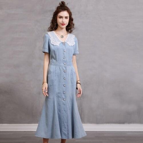 2021 Summer New Disc Button High Quality Denimen Elegant Dress Retro Patchwork Leaves Embroidered Short Sleeve Dress A82309