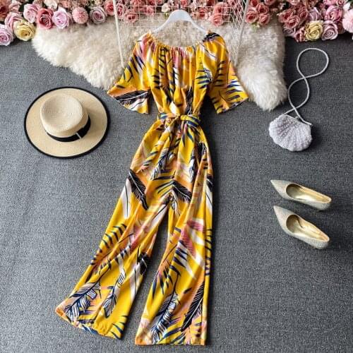 Vintage Slash Neck Beach Style Women Bodysuits 2021 New Arrival High Waist Print Chiffon Playsuits Casual Jumpsuits