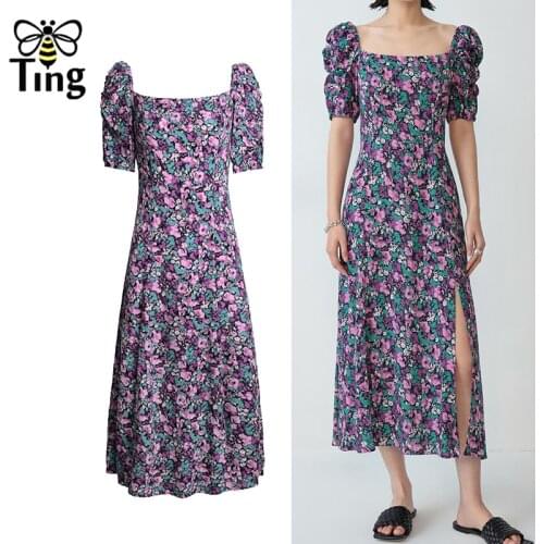 Tingfly Vintage Victorian Square Neck Floral Long Midi Dress Puff Sleeve Split Longa Casual Summer Dress Chic Streetwear ZA