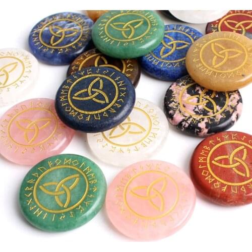 1PC 4cm Natural Aventurine Round Crystal Engraved Gold Runes Sliver Divination Symbols Stones Plate Gems Decor Reiki Healing