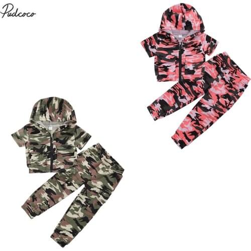 2020 Baby Summer Clothing Fashion Kids Baby Girls 2Pcs Outfit Set Short Sleeve Hooded Camouflage Top and Pants Set