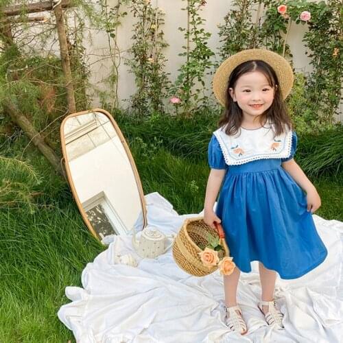 2021 Summer Fashion Sailor Collar Embroidered Blue Princess Dress Girls Pure Cotton Short Sleeve Dress