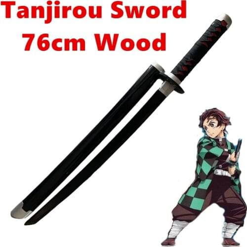 76cm Wood Sword Weapon Demon Slayer Kamado Tanjirou Black Sowrd Cosplay 1:1 Anime Ninja Knife Prop Model Gift Decor
