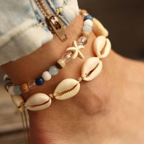 S2362 Fashion Jewelry Handmade Strands Shell Beaded Anklet Set Beads Anklets 2pcs/set