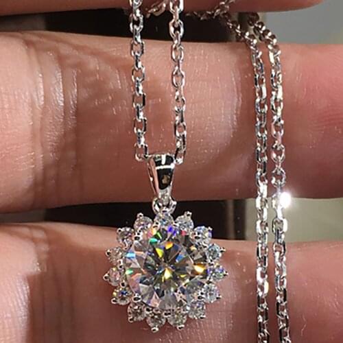 14K White Gold Women Pendants Necklaces Moissanite Diamond 0.5 1 2 3 4 5 Carat Round Sun Flower Wedding Engagement Party Gift