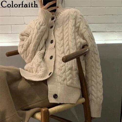 Colorfaith New 2021 Womens Autumn Winter Sweaters Fashionable Thicken Cardigan Vintage Pockets Knitwear Wild Tops SWC1383JX