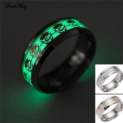 DarkMag Luminous Skull Ring Fashion Man Minimalist Stainless Steel Ring Glowing Ring in the Dark Jewelry Black domineering