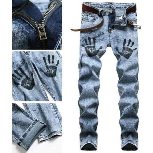 Trend European and American wild mens high-end jeans mens trend brand palm print personality mens trousers 2021 new