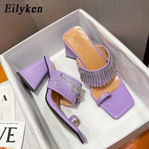 Eilyken Women Shallow Square Toe Fringe Diamond Slippers Summer Strange Thick-Soled High Heels Mules Slides Party Sandals Shoes