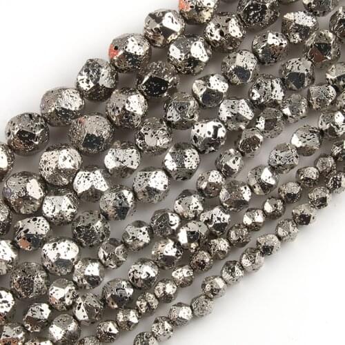 Faceted Rhodium Plated Volcanic Stone Bead Natural Lava Mineral Loose Beads for Jewerly Making DIY Bracelets 15inch 6-12mm