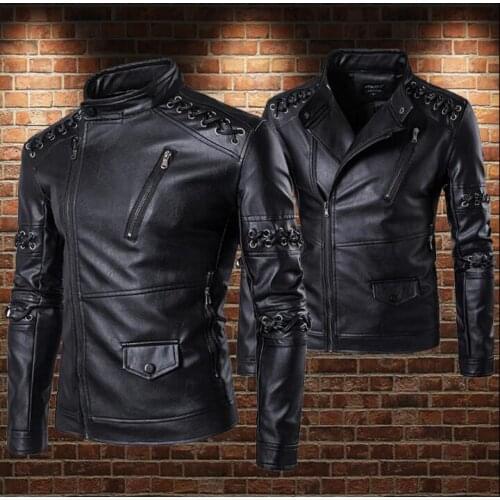 Personalized motorcycle mens leather jacket slim punk short coat jackets bandage jaqueta de couro street fashion stand collar