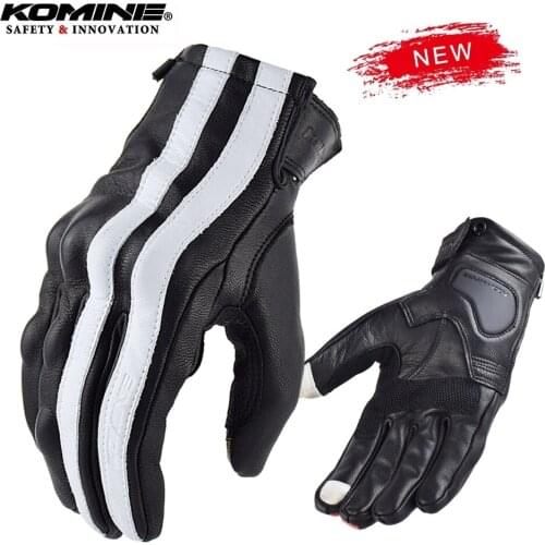 KOMINE Four Seasons Stripe Leather Motorcycle Gloves Perforated Breathable Motocross Gloves Black Scooter Men Accessories Moto