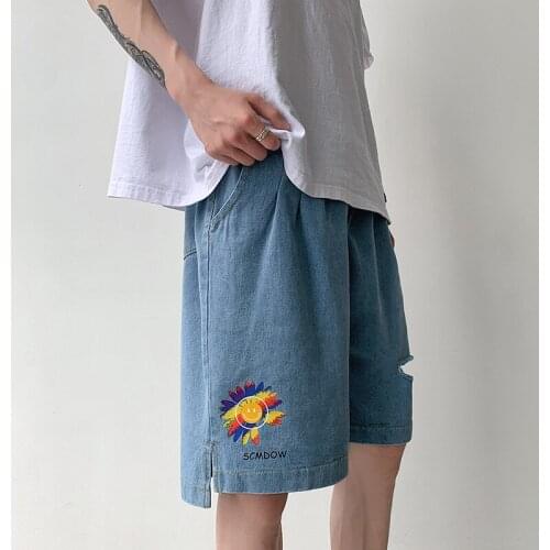 2021 Summer Mens Denim Shorts Mens Popular Logo Loose Straighten Pants Wide Leg Korean Trend INS Drained Denim Shorts
