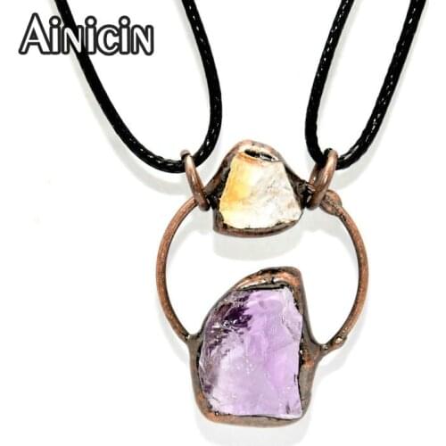 Natural Gemstone Purple Amethyst Yellow Cirtine Stone Soldering Circle Pendents Double Hang Rings Pendant For Jewelry Making