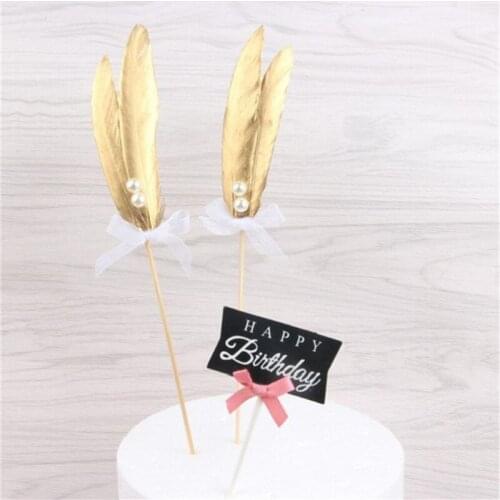New Pearl Gold Siliver Feather Wedding Cake Toppers Birthday Cupcake Topper Wedding Decorating Tools Events Party Supplies