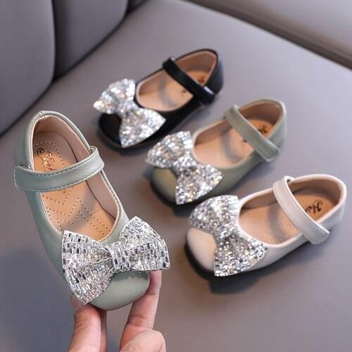 2020 Autumn Girls Mary Janes Shoes Bling Bowtie Flats Leather Dance Shoes For Children Dress Shoes Sequined Cloth Shallow Shoes