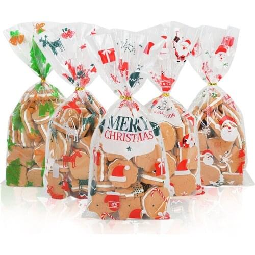 50pcs Christmas Candy Cookie Bags Merry Christmas Tree Santa Snowman Print Open Top Plastic Bags for Xmas Gift Package Supplies