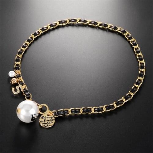 Big Camellia Pearl Pendants Necklaces for Women Handmade Weave Black Chain Necklace Crystal Letter 5 Brand jewelry collares Z456