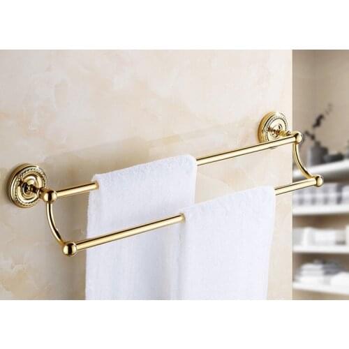 Gold Brass Finish Towel Bars Bathroom Washroom Towel Rack Wall Mounted Space-saving Double Rod Household ZD767