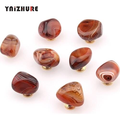 Luxury Natural Silk Red Agate Carnelian Handle Metal Base Drawer Cabinet Wooden Box Knobs Carnelian Kitchen Cabinet Pull Big