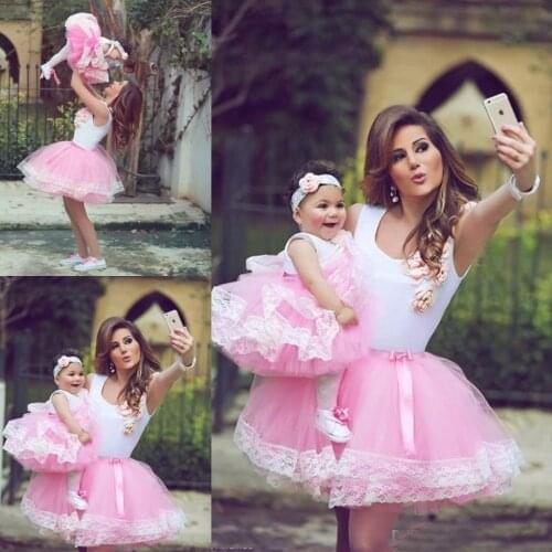 Pink Cheap Cute Short Prom Dresses Mother And Daughter Match Ball Gown Tulle Applique Summer Cocktail Party Dresses