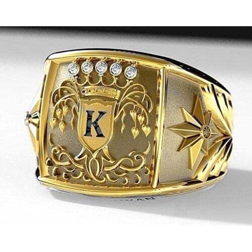 Modyle Luxury Gold Color Letter K Men Ring Trophy Pattern Dazzling CZ Husband Wedding Party Ring Birthday Gift Fashion Jewelry