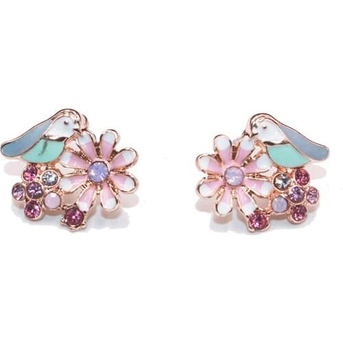 Spring Sense Fairy Hand Painted Enamel Glaze Earrings Pink Blue Flower birds Earrings Enamel Craft Stud Earrings Fashion Jewelry