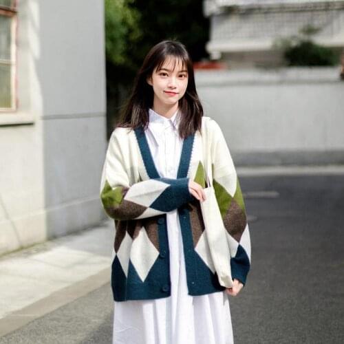 Vintage Argyle Sweater Cardigan Women Knitted Sweaters Coat Loose Casual Plaid Sleeveless Jumpers Female