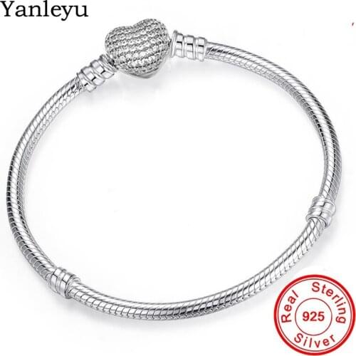 Yanleyu Hot Sale Original 925 Sterling Silver Heart Clasp With Crystal Pan Bracelet Bangle Fit Bead Charm DIY Jewelry PB039