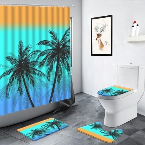 Palm Trees Shower Curtain Hand Painted Art Tropical Plants Simple Home Decor Bathroom Rug Non-slip Door Mat Toilet Bath Mats Set