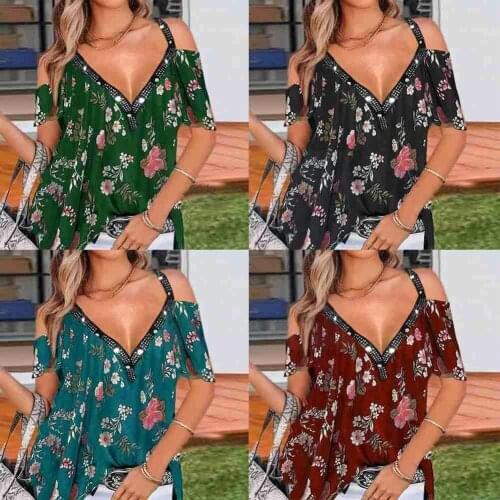2021 Summer Women V-neck Short Sleeve T-shirt Flowers T-shirt Size Casual Strapless Blouse Shirt Loose Print Elegant Plus T S8T0