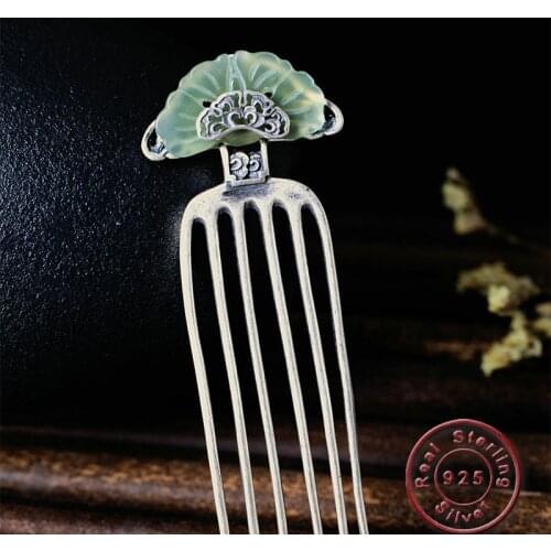 Amxiu Classic Antique Silver Hair Combs Handmade Natural Stone Hairpins S925 Vintage Hair Jewelry For Women Bijoux Souvenirs