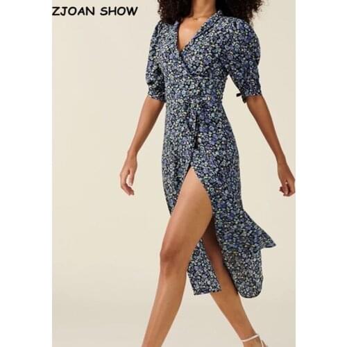 CHIC New French Lapel Front Slit Floral Side Button Dress Woman Tie Bow Lace up Waist Short Sleeve Short Tea Dresses Vestido