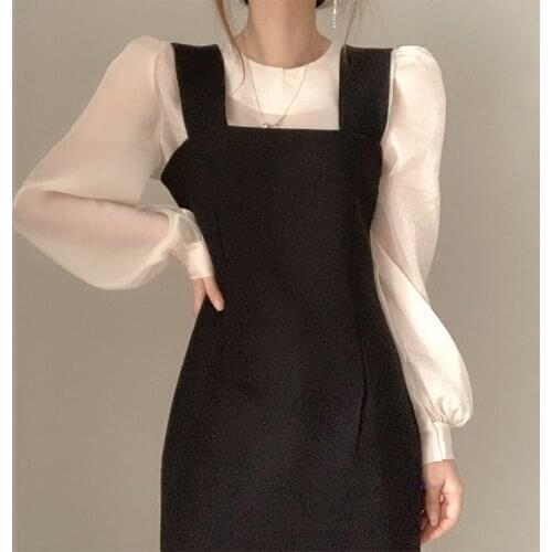 O Neck Long Sleeve Micro Transparent Blouse Puff Sleeve Tops Slim High Waist Pleated Black Tank Dress Women Fashion OL Retro