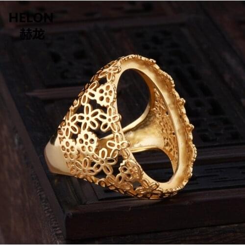 925 Sterling Silver Engagement Wedding Ring Yellow Gold Color13x22mm Oval Cabochon Semi Mount for Lapis Lazuli Turquoise Setting