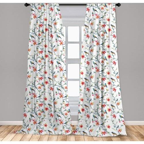 Watercolor Curtain Birds on Branches with Flowers and Leaves Scenes from Nature Cherry Tree Window Treatment Living Room Bedroom