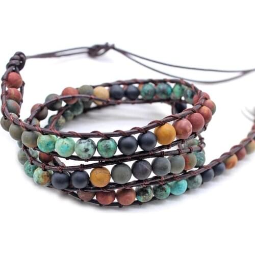 Bracelet woman Jewelry Handmade Leather Wrap Bracelet Multi green Spare matte Natural Pine stone Beads Natural Stone fashion