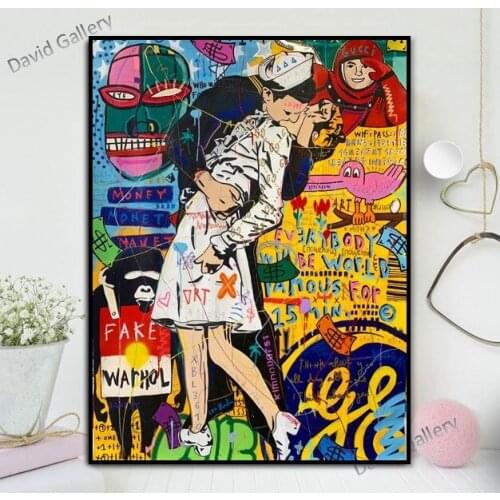 Home Decoration graffiti popular art Alec Monopoly by hand painted "KISS "Canvas Painting Pictures Wall Art For Living Room