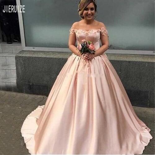 JIERUIZE Elegant Pink Satin Wedding Dresses Off the Shoulder Sweetheart Neck Lace Up Back Flowers Wedding Gowns robe de mariee