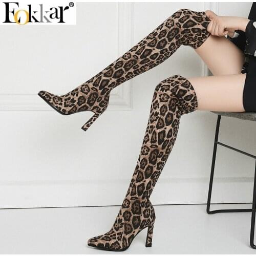 Eokkar 2020 Slip On Women Over The Knee High Boots Sexy Leopard High Heel Stretch Winter Shoes Thigh High Boots Plus Size 34-43