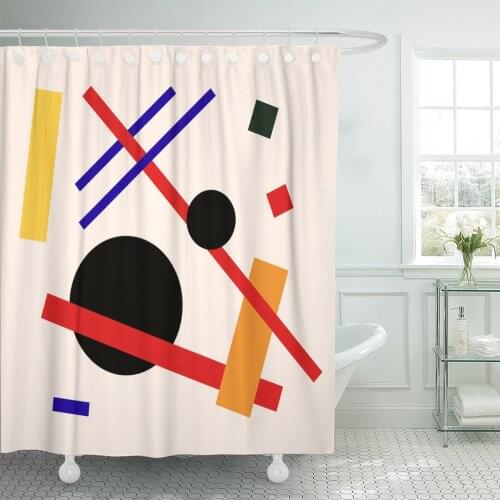 Blue Constructivism Abstract Suprematism Composition on Beige Flat Colorful Shower Curtain Waterproof Polyester Fabric