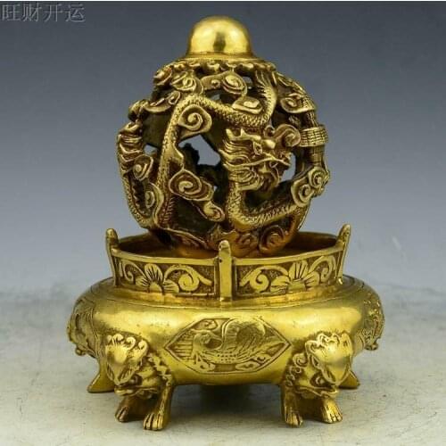 China Brass Copper Hand Carved Dragon Lion Turn Incense Burner