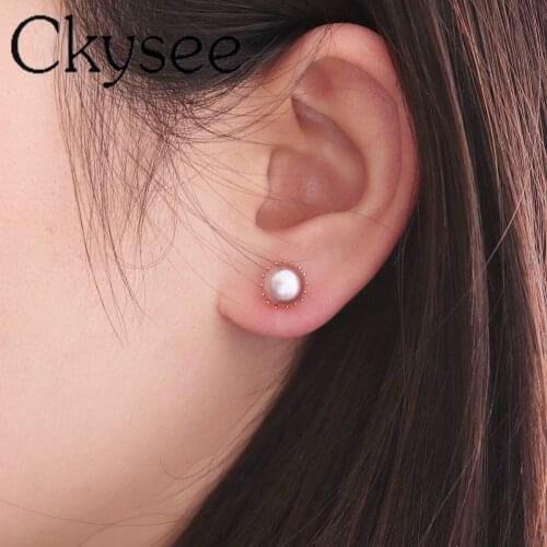 Ckysee Real Gold Natural Baroque Pearl Round Earrings Handmade Fine Jewelry For Women Girls Dia7/9mm Charms Earring