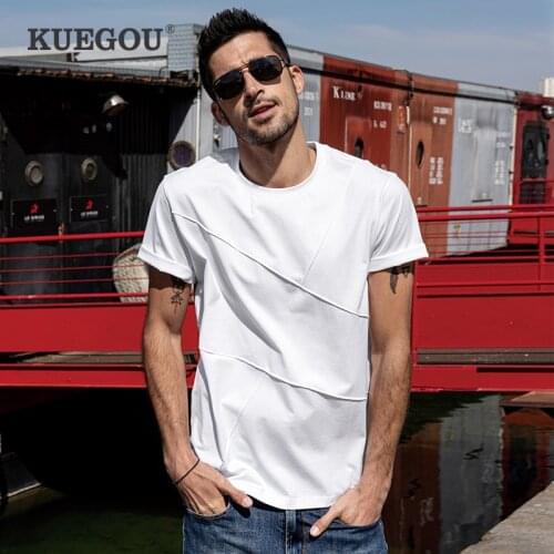 KUEGOU 2021 Summer 100% Cotton Embroidery White T Shirt Men Slim Tshirt Short Sleeve T-Shirt For Male Plus Size Tee Tops 90076
