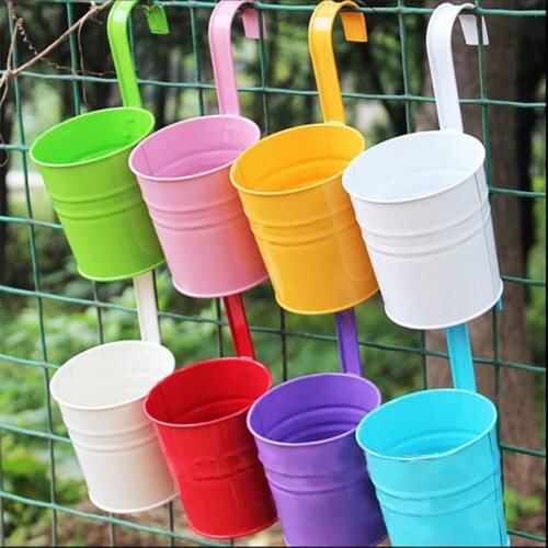 Metal Hanging Flower Pot with Removable Hook Candy Color Garden Removable Hook Wall Pot Fence Flower Tub Iron Bucket