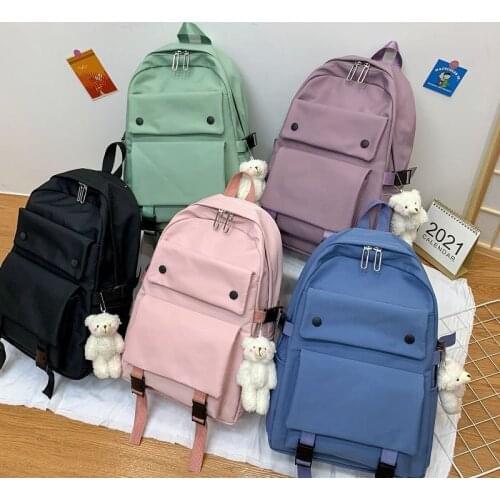 Fashion Womens Backpack Kawaii Doll Pendant Large Capacity Schoolbag For Girls Solid Color Waterproof Anti-theft Traveling Bags