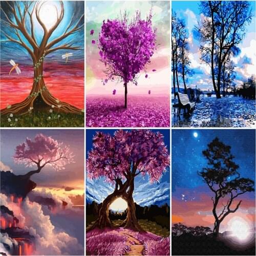 AZQSD DIY Painting By Number Canvas Kits Tree Home Decoration Adult Coloring By Numbers Scenery Unframe Handpainted Gift