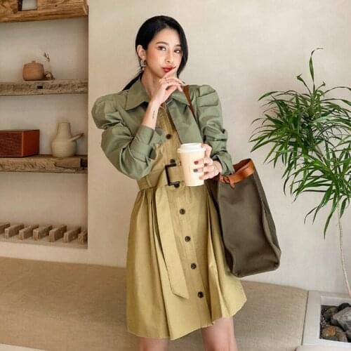 LLZACOOSH New Women Autumn Hit Color Office Chic Dresses High Waist Single Breasted Long Puff Sleeve Casual Mini Dress Free Belt