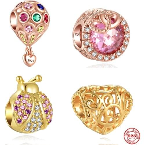 New Rose Gold Color Ladybug Hot Air Balloon Hearth Bead Fit S925 Pandora Original Bracelet Charms Beads For Women DIY Jewelry