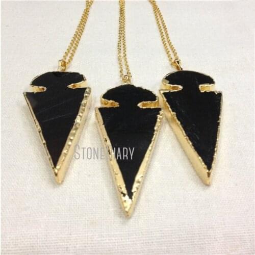 H-QN128 Black Agat Arrowhead Pendant Necklace Gold Color